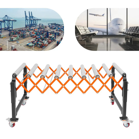 Hardcore Adjustable Roller Conveyor Table, 176 Lb Heavy Duty Expandable Belt With Wheels, Easy Roll Transport Rig For Warehouses, Docks, Stores And Shipping Hubs in front of shipping containers and airport.