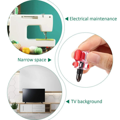 Two Piece Mini Screwdriver Set For Sewing Machines And DIY Fixes with slotted and Phillips heads, shown in use for repairs.
