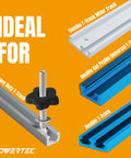 T Track Knob Kit Set With Five Star Knobs, 1/4-20 Threaded Bolts shown in various compatible T-track profiles for woodworking.