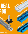 Top Shelf T Track Knob Kit With Tough Five Star Handles And 1/4 20 Thread Hex Bolts Plus Flat Washers 12 Piece Set shown with various T-tracks.