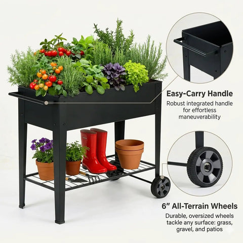 Tall Raised Garden Bed On Wheels With Extra Wide 37.4 Inch By 15.7 Inch Planting Box Holds Up To 400 Lbs Of Soil Heavy Duty Metal Planter