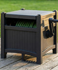 100 Ft Hose Reel Storage Box With Water Hose Holder, Compact Resin Garden Reel mountable on deck, features handle, black.