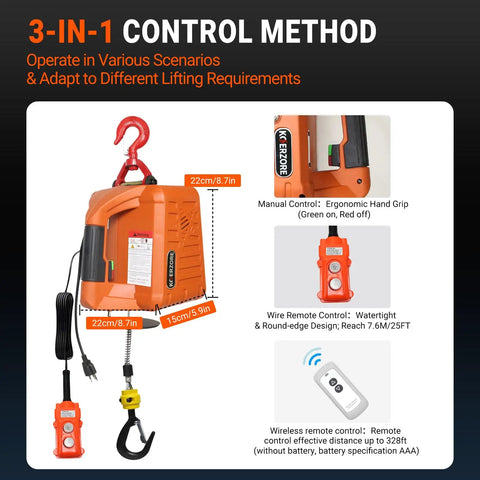 Electric Hoist Winch 1100 Lbs Capacity For Garage And Workshop 25 Ft Lift 110V Power with hook and remote controls