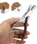 Hand-held stainless steel ear tag plier with V-notch for livestock identification, ergonomic vet tool for cattle, sheep, goats, pigs.