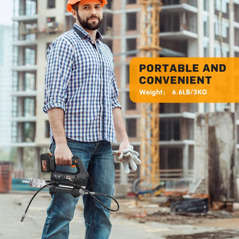 Man holding Cordless Heavy Equipment Grease Gun With 20000 PSI Output 20V Power 4.0Ah Battery at construction site