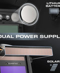 Image showing dual power supply of True Color Auto Darkening Welding Helmet For Pro Grade Performance, featuring solar and lithium battery options.