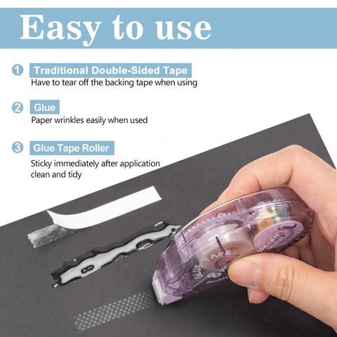 Using 4 Pack Double Sided Tape Roller Set For Crafts And Scrapbooking With Built In Roller Heads on paper surface, adhesive application.