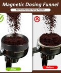 All In One 7 Piece Espresso Accessories Kit For Home Baristas Includes 54mm Espresso Tamper WDT Needle Stirrer Wood Tamping Station Dosing Funnel Brush Puck Screen And Distributor For Perfect Clean Shots Every Time showing a dosing funnel preventing overflow and flying powder during coffee grinding.