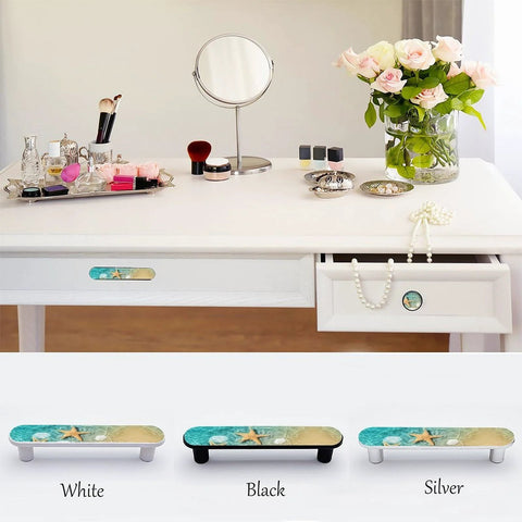 4 Pack Starfish Seashells Drawer Pulls Silver Three And Three Quarters Inch Center To Center Cabinet Handles installed on desk