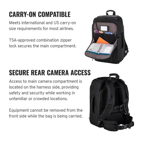 Carry-On Roadie Backpack 22 for DSLR and Mirrorless Cameras with open front showing compartments, rear view with straps.