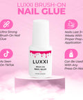 Brush On Nail Glue For Press On Nails With Precision Applicator Pink Gel Adhesive For Artificial And Acrylic Tips Quick Air Dry Long Wear Hold No UV Lamp Needed Ideal For DIY Mani Lovers 0.24oz bottle on pink background
