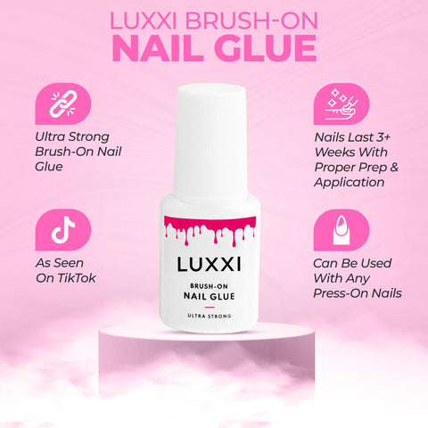 Brush On Nail Glue For Press On Nails With Precision Applicator Pink Gel Adhesive For Artificial And Acrylic Tips Quick Air Dry Long Wear Hold No UV Lamp Needed Ideal For DIY Mani Lovers 0.24oz bottle on pink background
