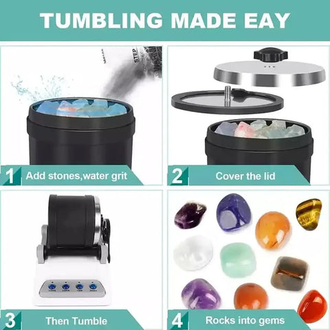 Steps to use Electric Rock Tumbler Kit for Polishing Stones: add stones, cover lid, tumble, transform into polished gems.