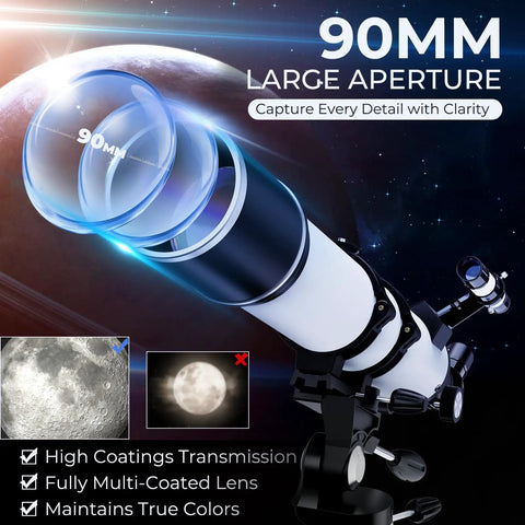 90mm Aperture Refractor Telescope With 800mm Focal Length for Beginners and Adults showcasing lens and features.