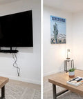 Comparison of wall-mounted TV before and after using Ultra Thin Outlet Concealer Kit For Mounted TV With Cord Concealer, 4-Foot Extension Cord And 2-Outlet Surge Protector, showing cords hidden.