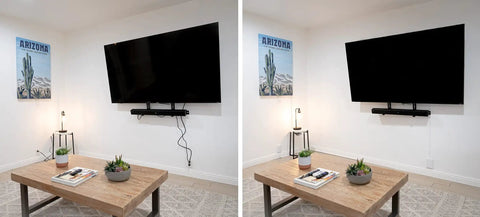 Comparison of wall-mounted TV before and after using Ultra Thin Outlet Concealer Kit For Mounted TV With Cord Concealer, 4-Foot Extension Cord And 2-Outlet Surge Protector, showing cords hidden.