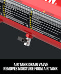 Two Gallon Portable Air Compressor With One Third HP Max, 125 PSI Oil Free showing air tank drain valve and pressure label