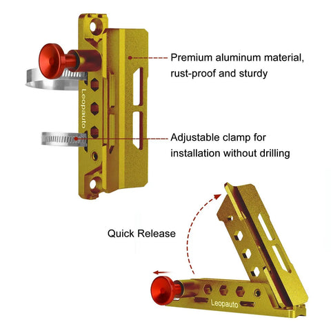 Universal Roll Bar Fire Extinguisher Mount Aluminum Quick Release Bracket With Eight Clamps Beefy Heavy Duty Holder For Jeep Wrangler JK TJ JL JKU Polaris RZR Ranger UTVs Gold Finish showing adjustable clamp and quick release.