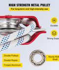 Heavy Duty Twin Sheave Block And Tackle With 1/2 Inch Braided Poly Rope, 7700 Lb Break Rating, Forged Aluminum Double Pulley rigging system close-up with braided rope and metal components.