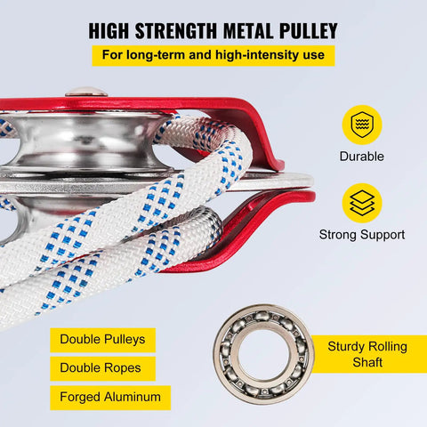Heavy Duty Twin Sheave Block And Tackle With 1/2 Inch Braided Poly Rope, 7700 Lb Break Rating, Forged Aluminum Double Pulley rigging system close-up with braided rope and metal components.