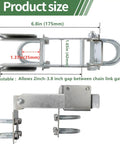 Double Gate Latch For Chain Link Fence 1 3 Eighth Inch Gate Frames, Strong Arm Design, shown with adjustable measurement details