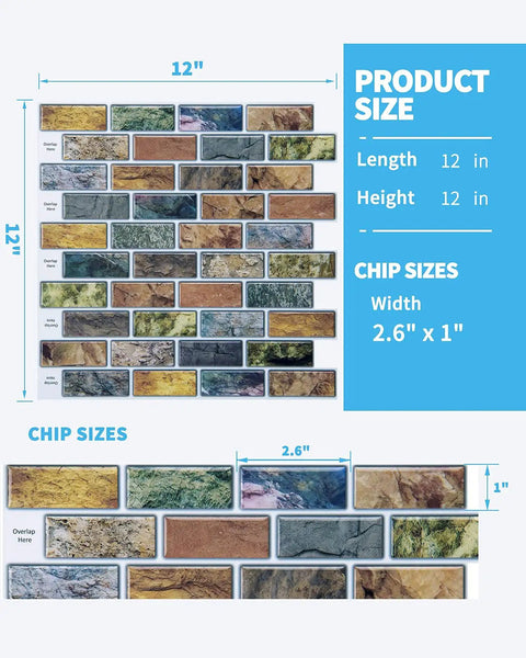 Peel And Stick Vinyl Backsplash Tiles 12x12 Colorful Marble Design 10 Piece Set dimensions and chip sizes illustration