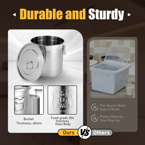 Pro Level Heavy Duty 304 Stainless Steel Airtight Kitchen Canister With Rock Solid Locking Lid and Grippy Handles Mega Pantry Storage Bin shown with features and thickness.