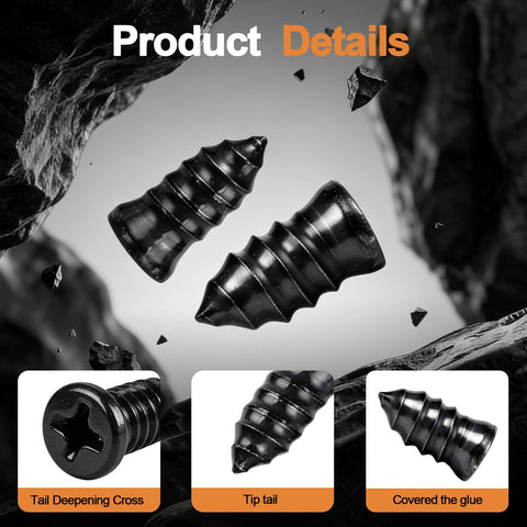 Close-up of two black screw-type tire plugs from 30 Pcs Tire Plugs Screw Type Emergency Tire Repair Kit, roadside detail view