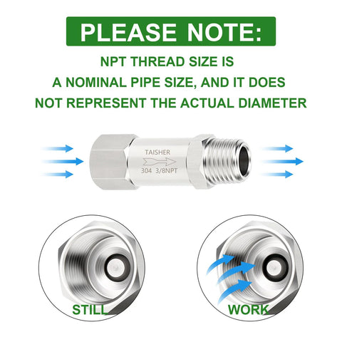 Side view of TAISHER 304 stainless steel 3/8 NPT male to 3/8 NPT female check valve