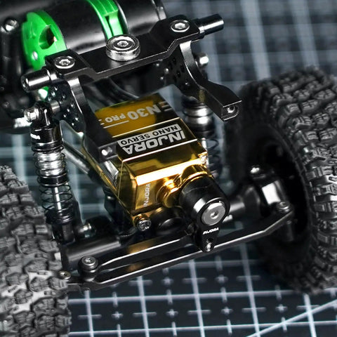 Beefed Up High Torque Brass N30 PRO Nano Servo with Saver viewed in 1/30 Axial SCX30 RC Crawler build, emphasizing brass case