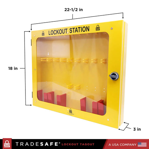 Heavy Duty Lockout Tagout Station Cabinet for Wall Mount, Unfilled Kit Holder with No LOTO Devices Included, Industrial Grade 19 Gauge Steel, Lockable Clear Window, Measures 22.5 by 18 by 3 Inches.