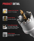 Ultimate Carbide Hole Saw Drill Set For Hard Metal And Stainless Steel With Multi Tooth Core Cutter Kit To Smash Through Tough Jobs Effortlessly In Your Garage Or Job Site For Serious Pros. close-up of stepped pilot bit and safety stopper