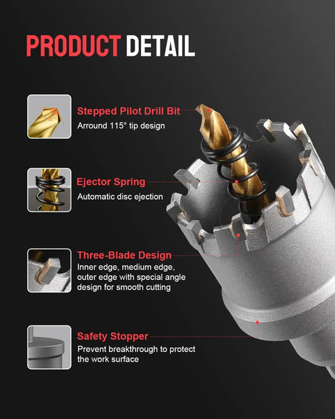 Ultimate Carbide Hole Saw Drill Set For Hard Metal And Stainless Steel With Multi Tooth Core Cutter Kit To Smash Through Tough Jobs Effortlessly In Your Garage Or Job Site For Serious Pros. close-up of stepped pilot bit and safety stopper