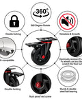 Heavy Duty 4 Inch Caster Wheels With Dual Lock Brakes 2400 Lb Capacity showing 360-degree rotation and noise-free design.