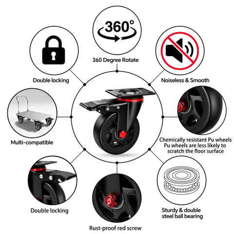Heavy Duty 4 Inch Caster Wheels With Dual Lock Brakes 2400 Lb Capacity showing 360-degree rotation and noise-free design.