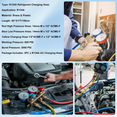 Five Foot Pro Grade AC Manifold Gauge Hose Kit For R134A Refrigerant Systems With 1/2 Inch SAE Threads And 600 PSI Rating, Three Color Charging Hoses, Flexible 60 Inch Length, Replacement For Standard AC Gauges, brass and plastic 3-piece set