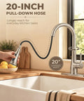 Vintage Kitchen Faucet With Pull Down Sprayer In Brushed Nickel Finish Boasting A High Arc Spout and 20-inch pull-down hose. 