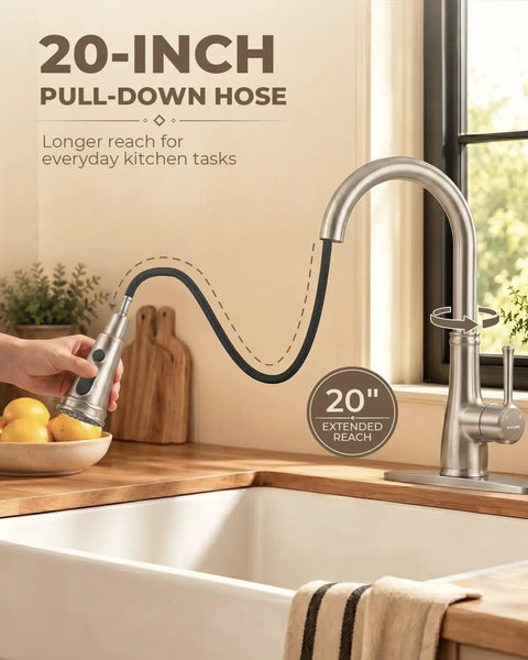 Vintage Kitchen Faucet With Pull Down Sprayer In Brushed Nickel Finish Boasting A High Arc Spout and 20-inch pull-down hose. 