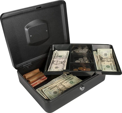 Grab And Go Portable Cash Safe Box With Lock And Key, Black Money Saver Vault With Removable Money Tray For Bills, Coins