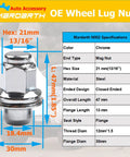 Set Of 24 OEM Mag Washer Lug Nuts 12x1.5 Thread, 13/16 Hex, 1.85 Inch Length For Toyota Tacoma 4Runner FJ Cruiser specs chart