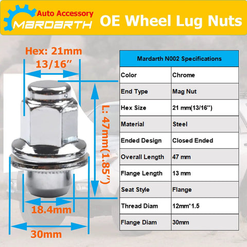 Set Of 24 OEM Mag Washer Lug Nuts 12x1.5 Thread, 13/16 Hex, 1.85 Inch Length For Toyota Tacoma 4Runner FJ Cruiser specs chart