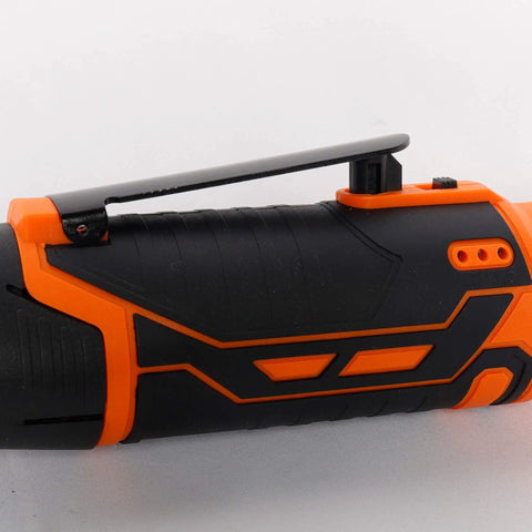 Close-up of the handle on Cordless Three Eighths Inch Drive Ratchet Wrench Set With 12V Battery And Charger Kit.