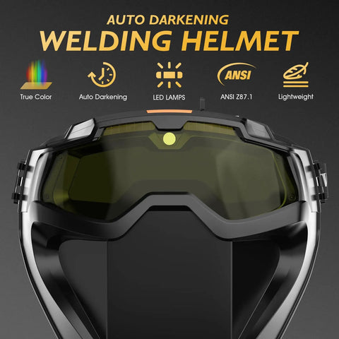 Front view of auto darkening welding goggles with 4 arc sensors, LED lights, Type C charging, safety glasses for welding.