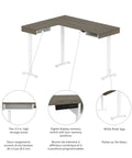 L Shaped Electric Standing Desk Adjustable Height Commercial Workstation Heavy Duty Desktop Melamine Finish Walnut Grey White 72 Inch Width top with memory switch and white legs.