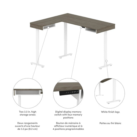 L Shaped Electric Standing Desk Adjustable Height Commercial Workstation Heavy Duty Desktop Melamine Finish Walnut Grey White 72 Inch Width top with memory switch and white legs.