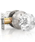 Privacy Glass Door Knob For Bedroom And Bathroom With Lock In Dope Satin Nickel Finish, Diamond Clear Crystal Knob On Victorian Plate Rosette