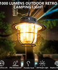 Rechargeable Camping Lantern with 1000 Lumens, 360 Degree LED Light, 4 Modes and Adjustable Brightness hanging outdoors
