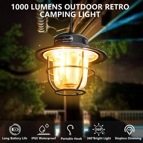Rechargeable Camping Lantern with 1000 Lumens, 360 Degree LED Light, 4 Modes and Adjustable Brightness hanging outdoors