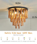 5 Light Rustic Oak And Black Semi Flush Mount Ceiling Fixture With E26 Base, Vintage Chandelier Style Dimensions
