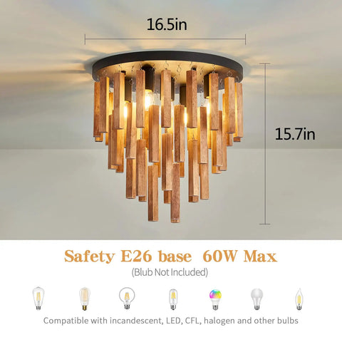 5 Light Rustic Oak And Black Semi Flush Mount Ceiling Fixture With E26 Base, Vintage Chandelier Style Dimensions